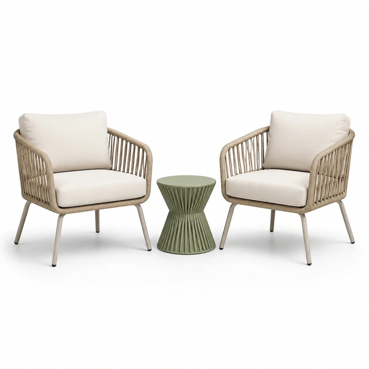 3-teiliges Gartenmöbel-Set mit 2 Sesseln und rundem Beistelltisch, Beige, Creme und Salbeigrün, Sessel 72 × 68 × 78 cm