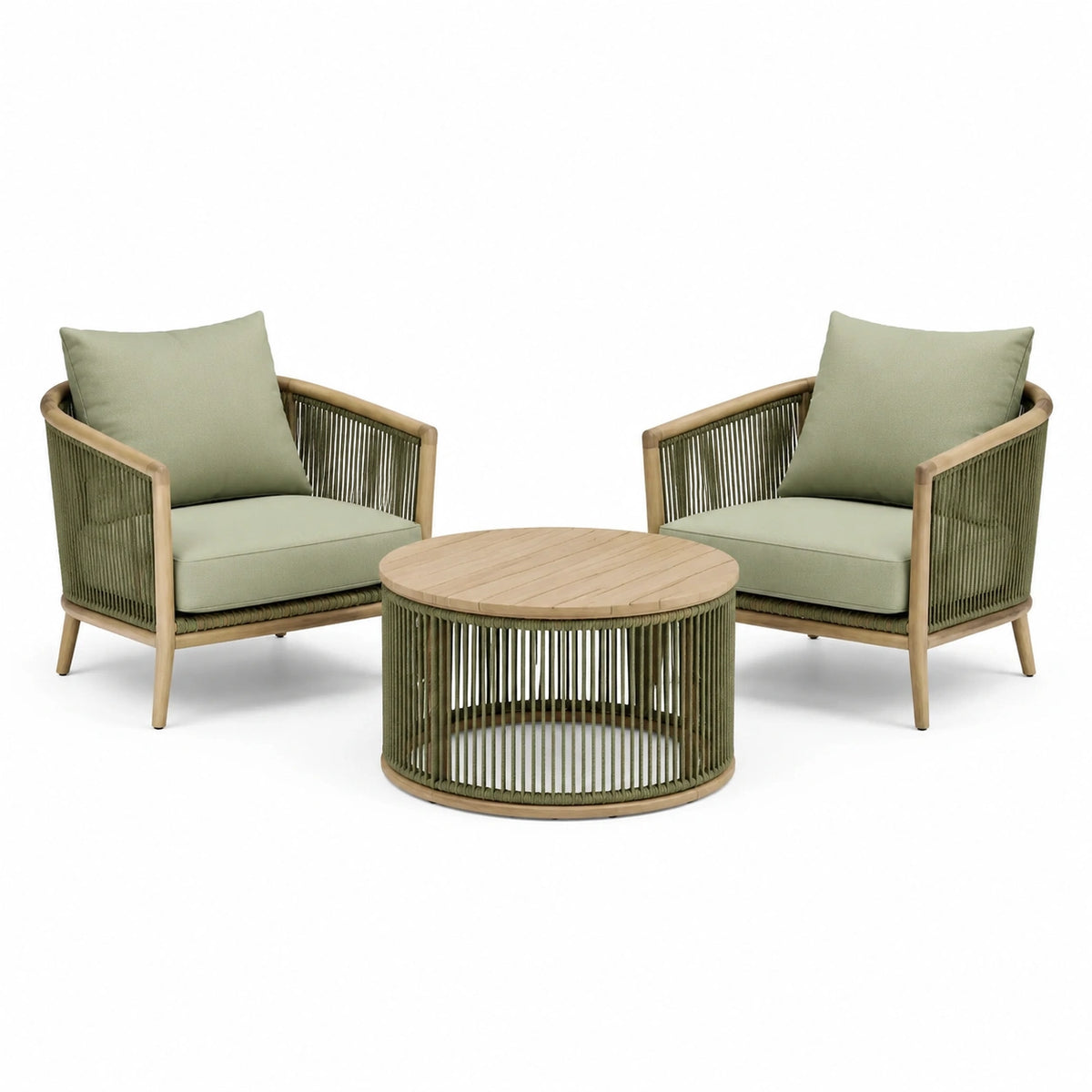 3-teiliges Loungeset in Natur/Grün mit 2 Sesseln 75 × 70 × 78 cm und rundem Tisch Ø 70 × 42 cm