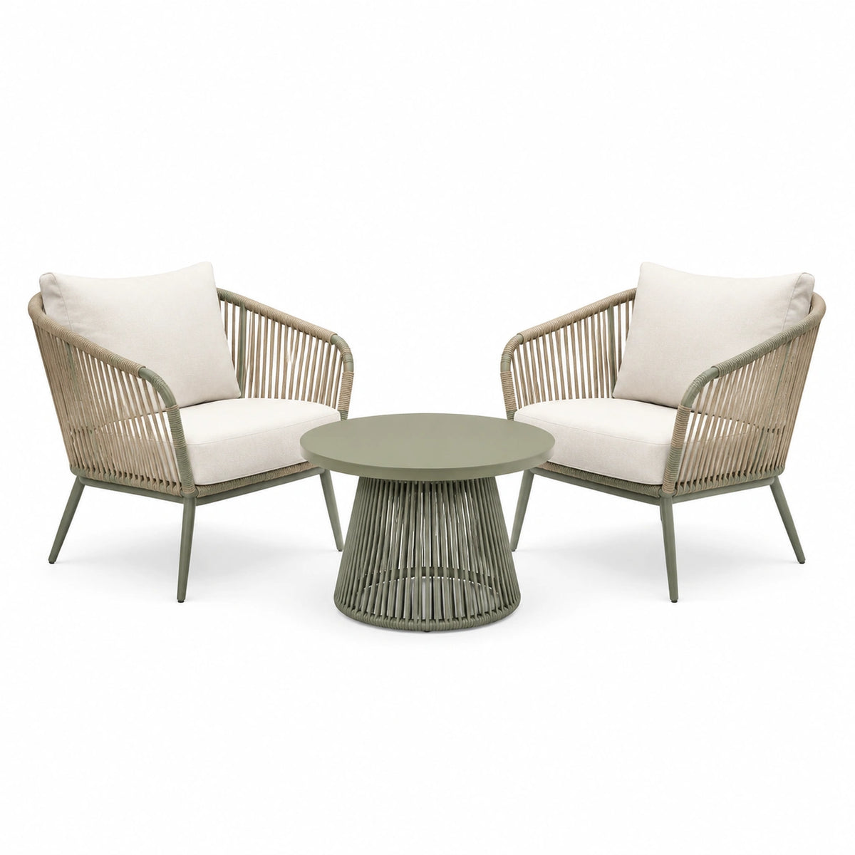 3-teiliges Garten-Set mit 2 Sesseln und rundem Tisch, Grau/Beige, Sessel je 70 x 70 x 78 cm, Tisch 60 x 60 x 45 cm