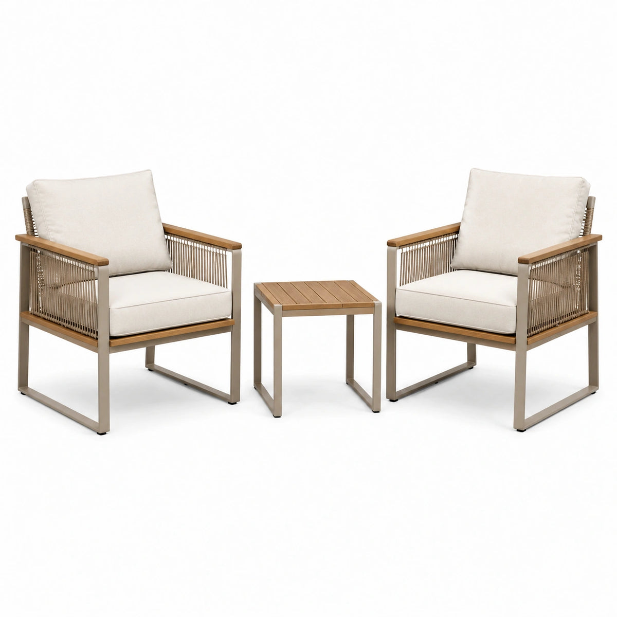 3-teiliges Gartenmöbelset mit 2 Sesseln und Beistelltisch, Naturholz/Creme/Taupe, Sessel 70 x 75 x 78 cm, Tisch 50 x 50 x 45 cm