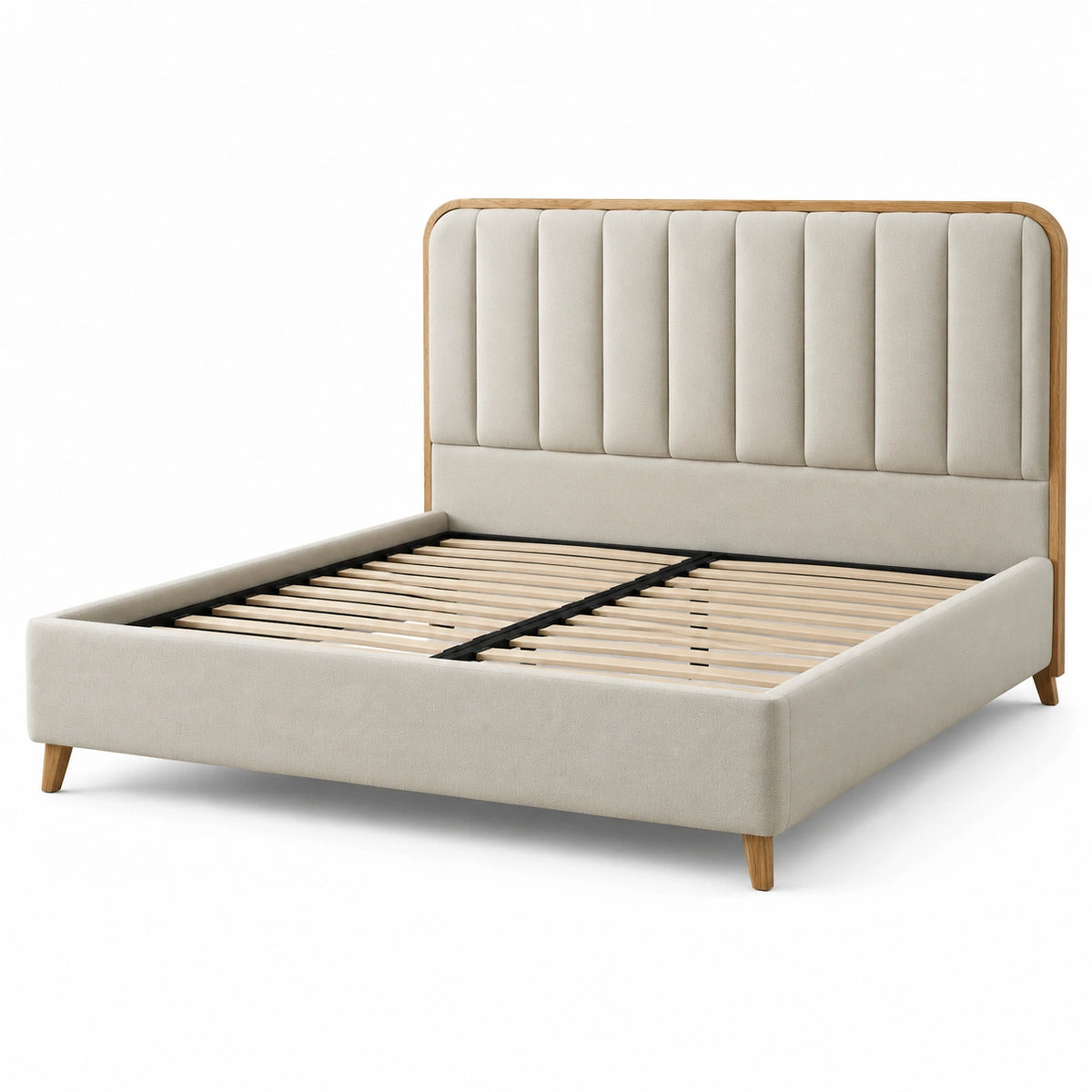 Polsterbett 180 × 200 cm in Beige/Naturholz mit gepolstertem Kopfteil und Lattenrost