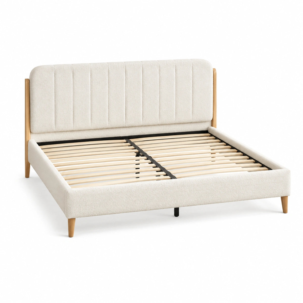 Polsterbett 160 × 200 cm in Creme, Hellbraun und Schwarz mit Bouclé-Bezug, Holzlattenrost und gepolstertem Kopfteil