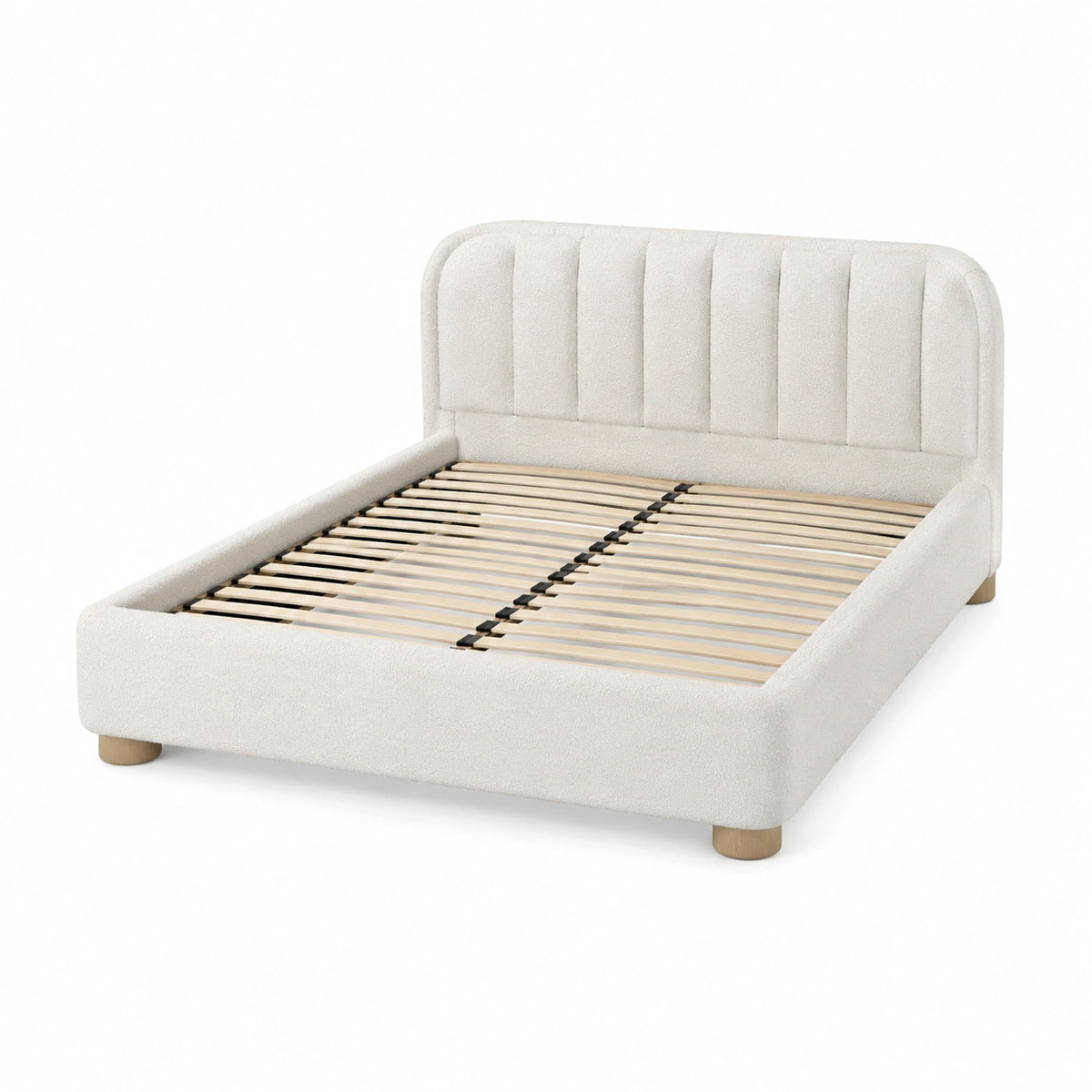 Polsterbett 160 × 200 cm in Creme, 174 × 218 × 110 cm, mit Bouclé-Bezug und Holzlattenrost