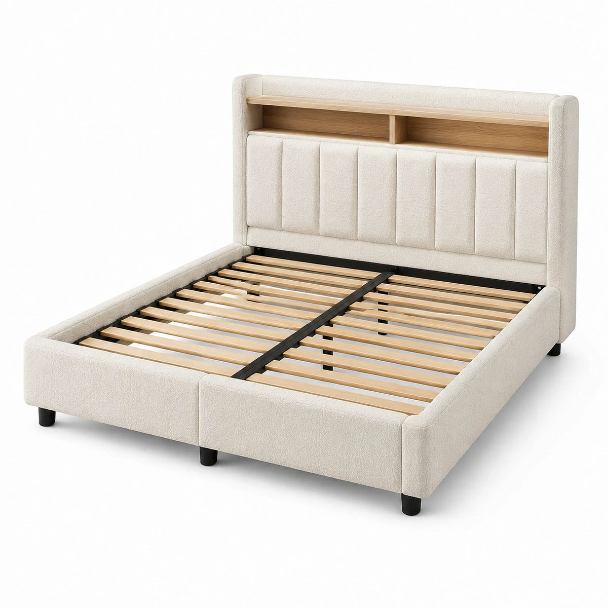 Polsterbett 160 × 200 cm Creme mit Bouclé-Bezug, Lattenrost und Kopfteilablage, 215 × 175 × 120 cm
