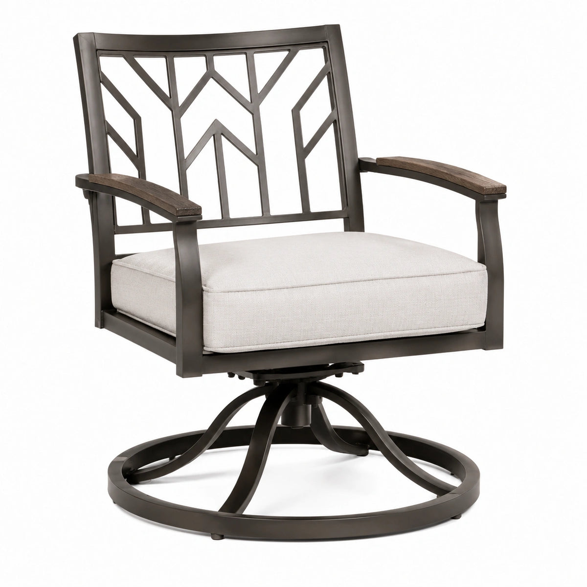 Drehbares Metallgestell mit Holzarmlehnen und beigefarbenem Sitzpolster, 78 x 72 x 98 cm, Schwarzbraun/Beige