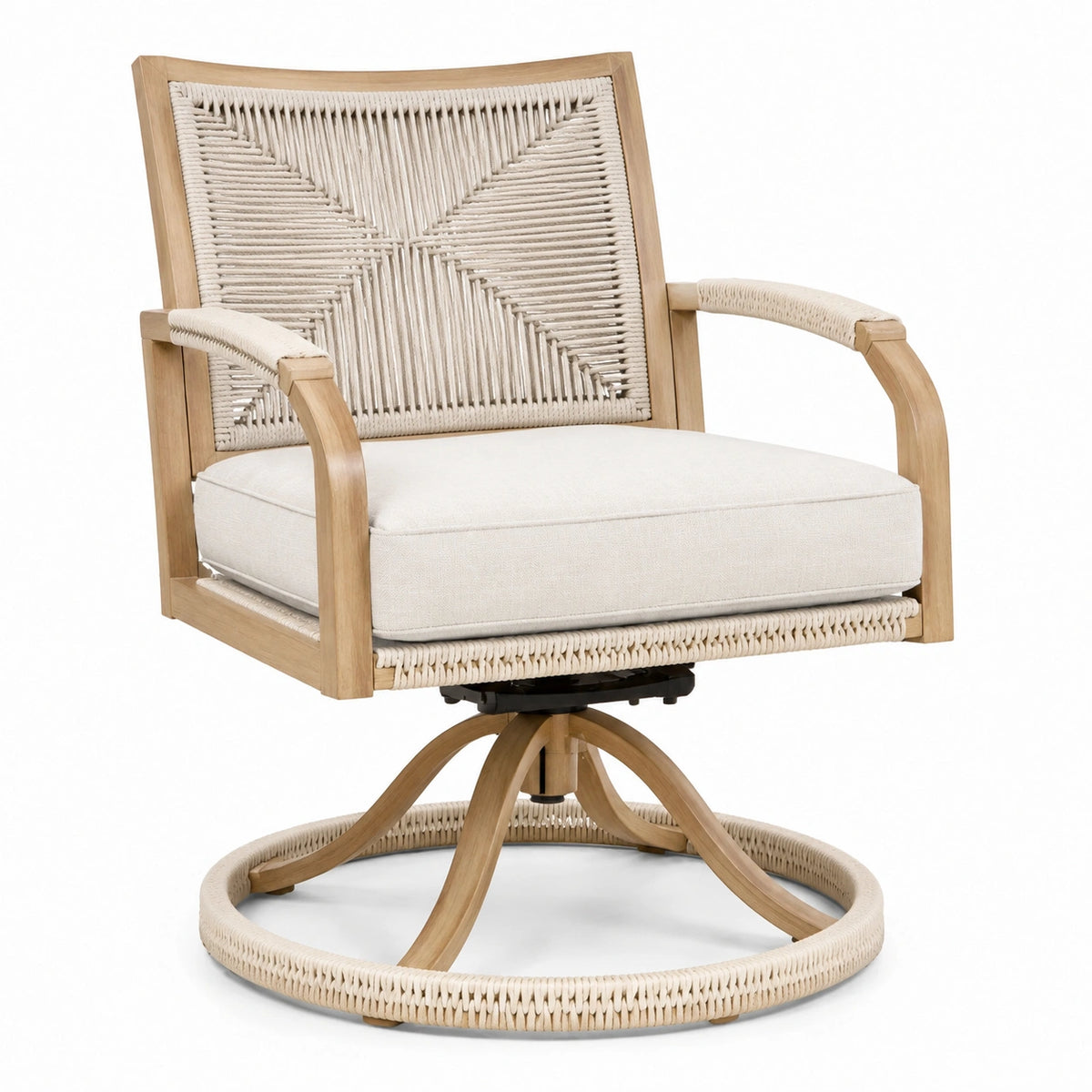 Drehbarer Holzsessel mit Seilgeflecht und Sitzkissen, Natur/Creme, 75 × 80 × 95 cm