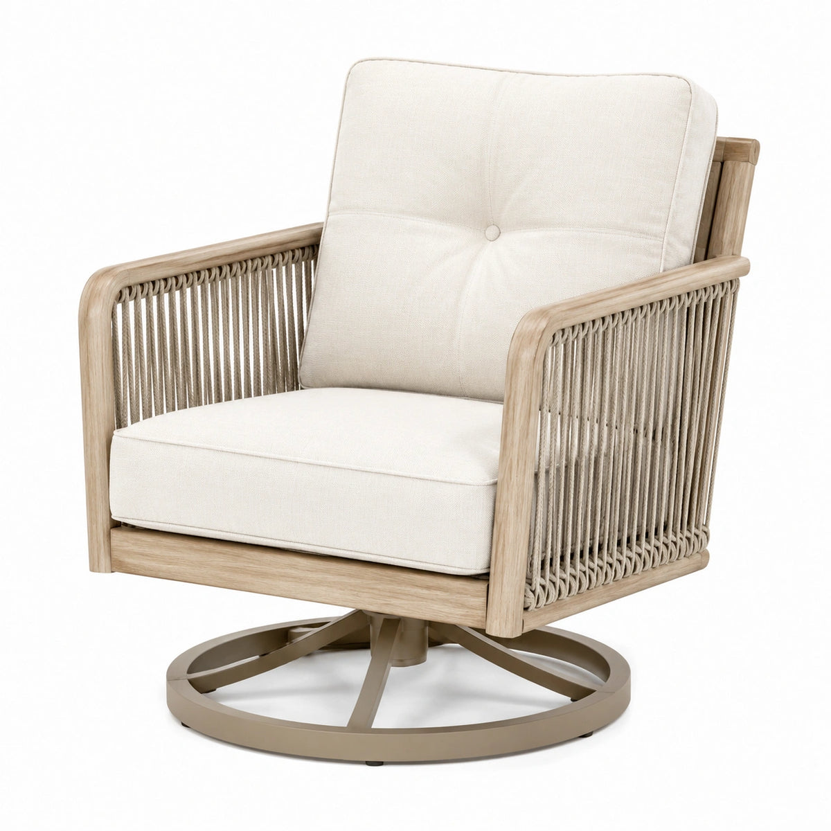 Drehbares Sitzmöbel aus Holz, Seilgeflecht und Metall in Beige, Natur und Braun, 78 × 82 × 92 cm