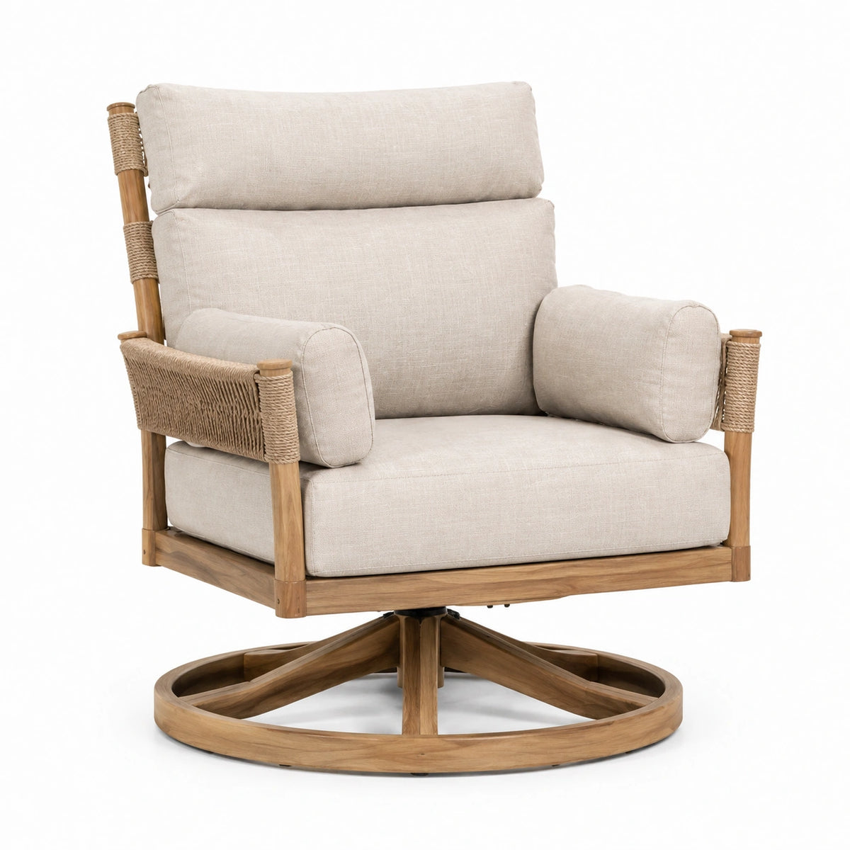 Drehbarer Sessel aus Holz, Textil und Seil in Beige/Naturbraun, 85 × 90 × 105 cm