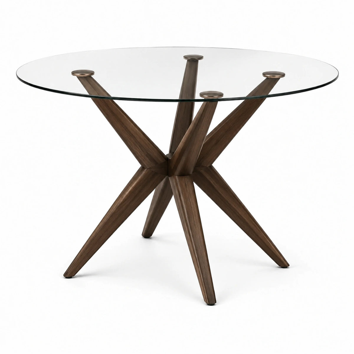 Runder Esstisch Ø 120 x 75 cm mit transparenter Glasplatte und braunem Holzgestell