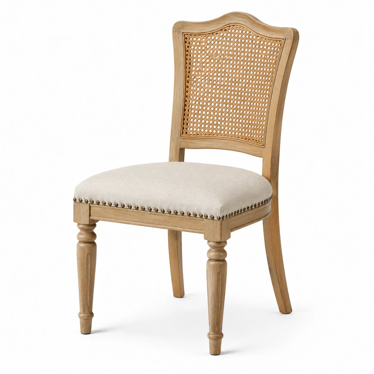 Holzstuhl mit Rattanrückenlehne und gepolstertem Sitz, Natur/Beige, 48 × 58 × 98 cm