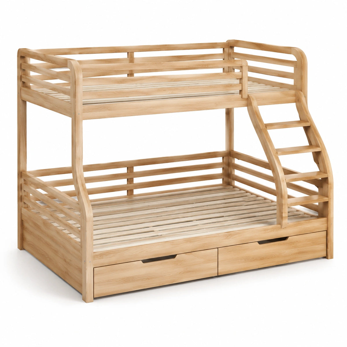 Etagenbett Natur aus Holz, 200 × 90 × 170 cm, mit Leiter, Lattenrosten und 2 Schubladen