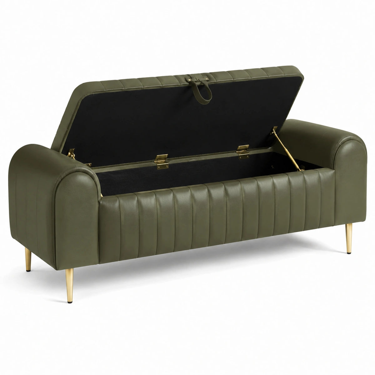 Sitzbank mit Stauraum und Klappdeckel, 140 × 55 × 80 cm, Olivgrün/Gold