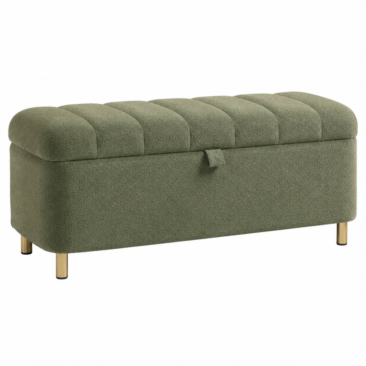Sitzbank mit Stauraum, Bouclé-Bezug in Grün, goldfarbene Metallbeine, 100 × 40 × 45 cm