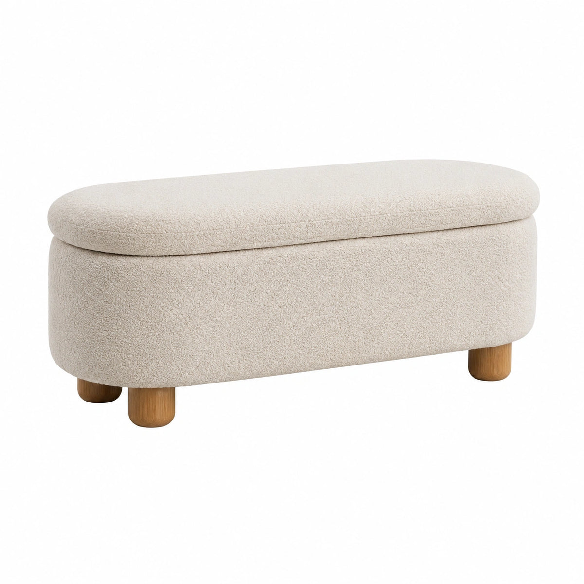 Gepolsterte Bouclé-Sitzbank in Creme mit Holzfüßen, 110 × 45 × 45 cm