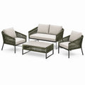 4-teiliges Gartenlounge-Set in Olivgrün, Beige und Schwarz mit Seilgeflecht, Zweisitzer 132 × 75 × 78 cm, Sessel 72 × 75 × 78 cm, Tisch 100 × 60 × 45 cm