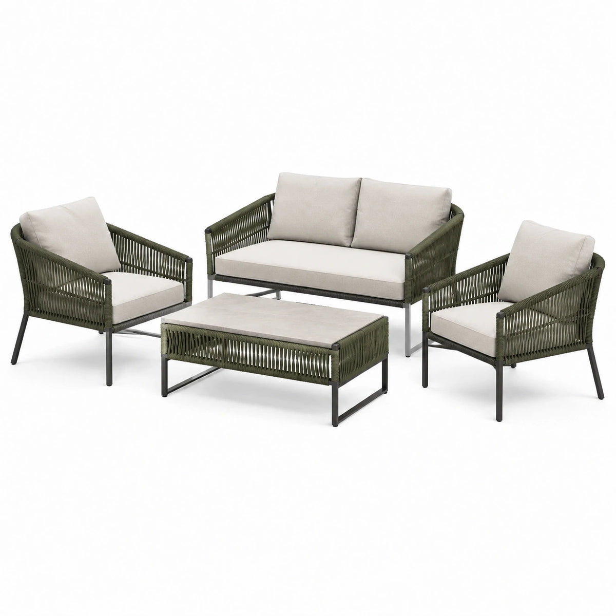 4-teiliges Gartenlounge-Set in Olivgrün, Beige und Schwarz mit Seilgeflecht, Zweisitzer 132 × 75 × 78 cm, Sessel 72 × 75 × 78 cm, Tisch 100 × 60 × 45 cm