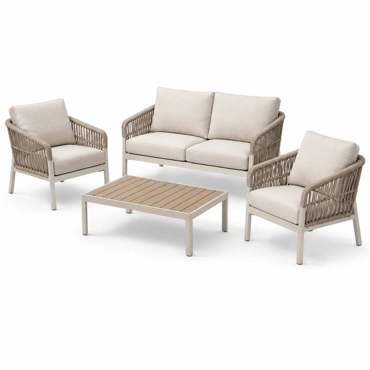 4-teiliges Loungeset Beige/Hellgrau mit Zweisitzer, 2 Sesseln und Couchtisch, Zweisitzer 126 × 70 × 78 cm