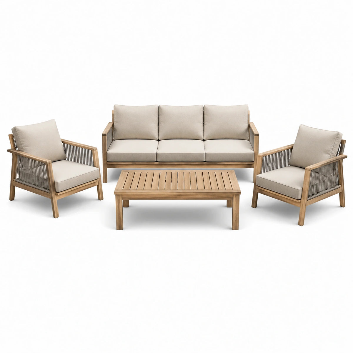 4-teiliges Loungeset aus Holz mit Seilgeflecht, Naturholz/Beige/Grau, Sofa 180 × 75 × 78 cm