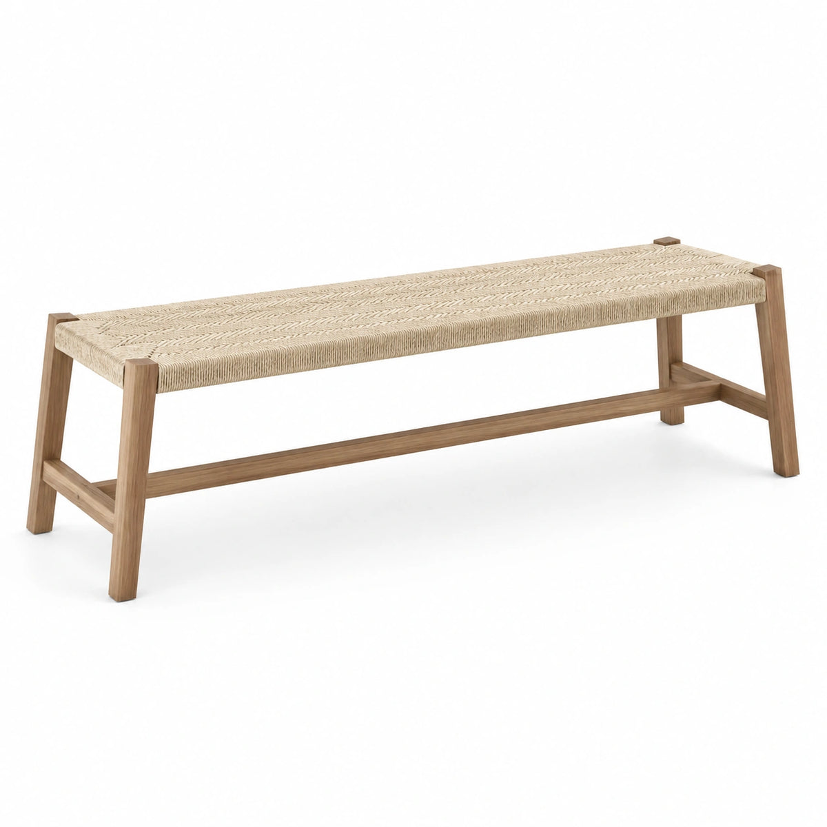 Skandinavische Sitzbank aus Holz mit geflochtener Kordelsitzfläche, 160 × 40 × 45 cm, Natur/Hellbraun