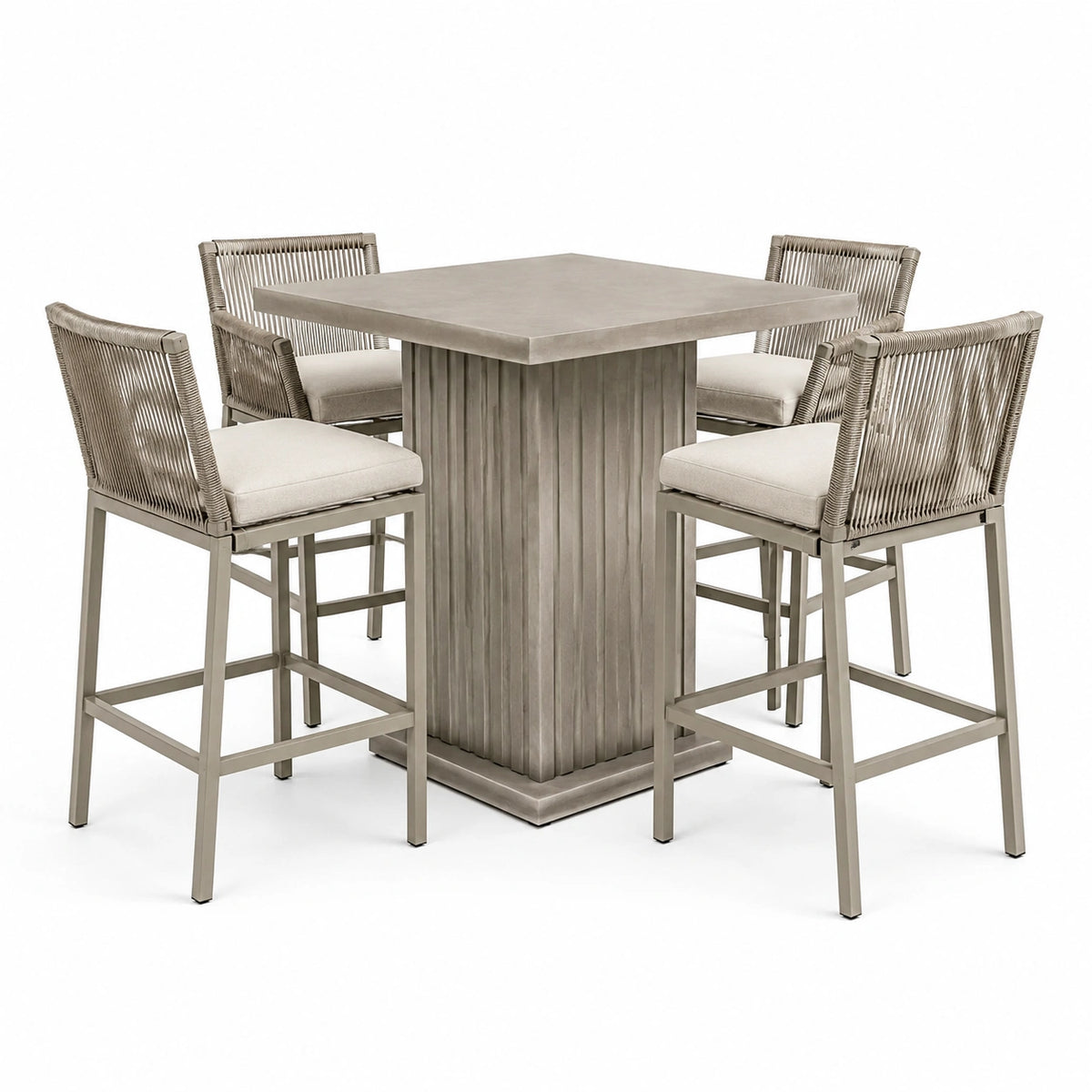 5-teiliges Bar-Set Taupe/Beige/Grau mit Tisch 120 × 120 × 105 cm und 4 Hockern 55 × 60 × 110 cm
