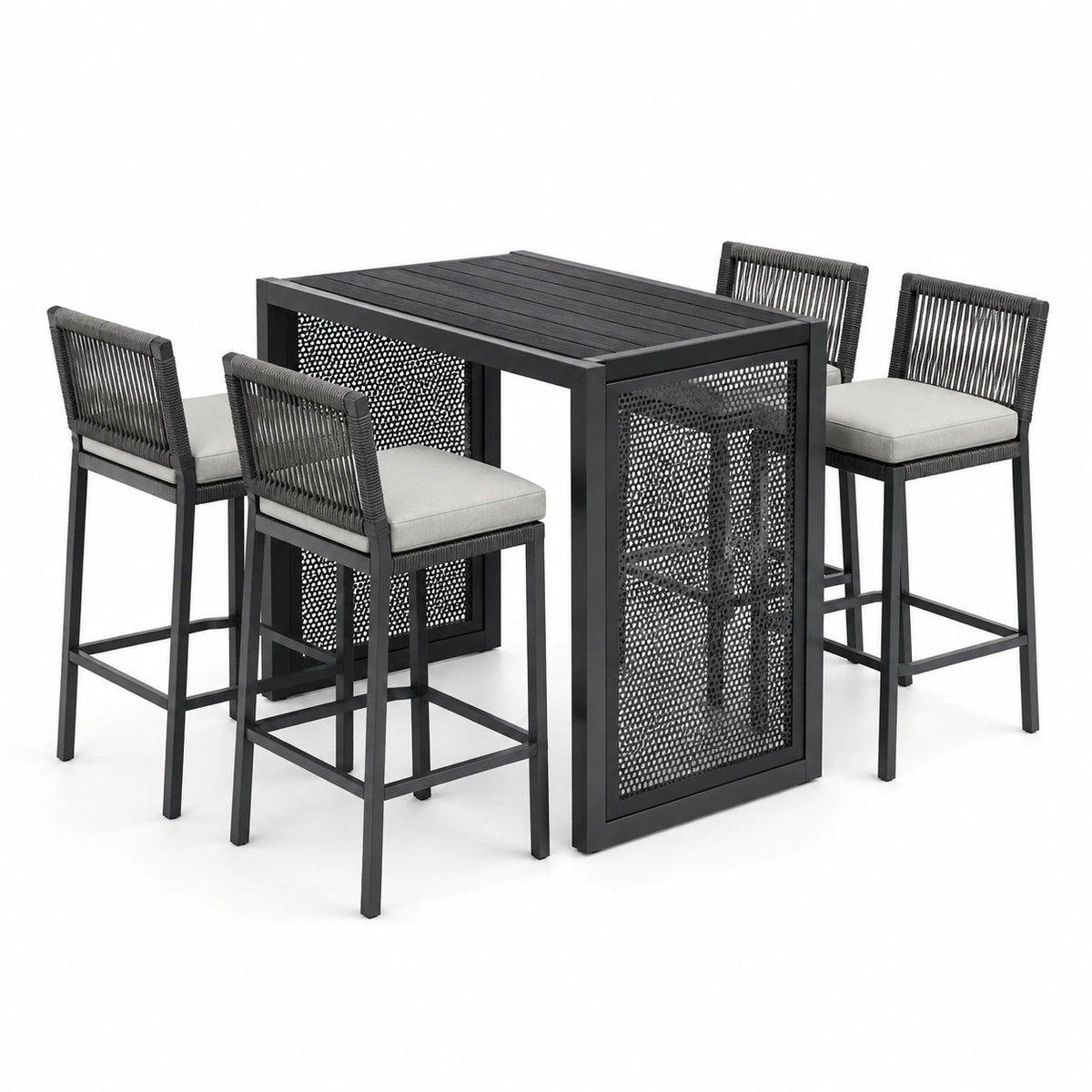 Garten-Barset Schwarz/Grau mit 4 Barstühlen und Sitzpolstern, Tisch 150 x 75 x 105 cm