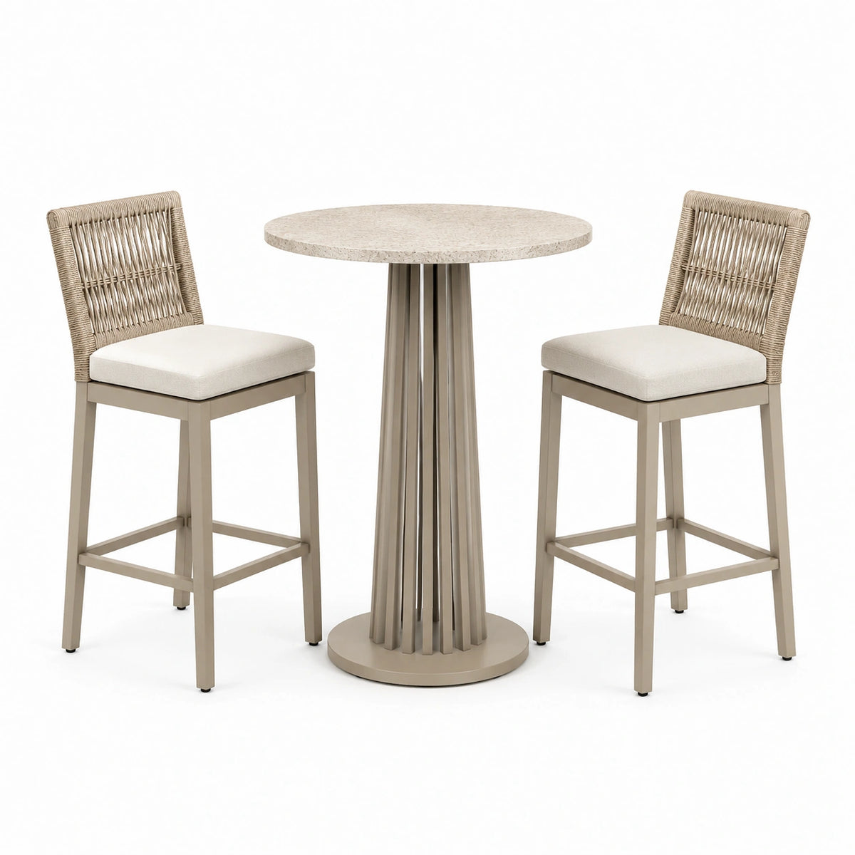 3-teiliges Bartisch-Set in Beige/Creme – Tisch Ø 90 × 105 cm, 2 Barstühle 45 × 55 × 110 cm